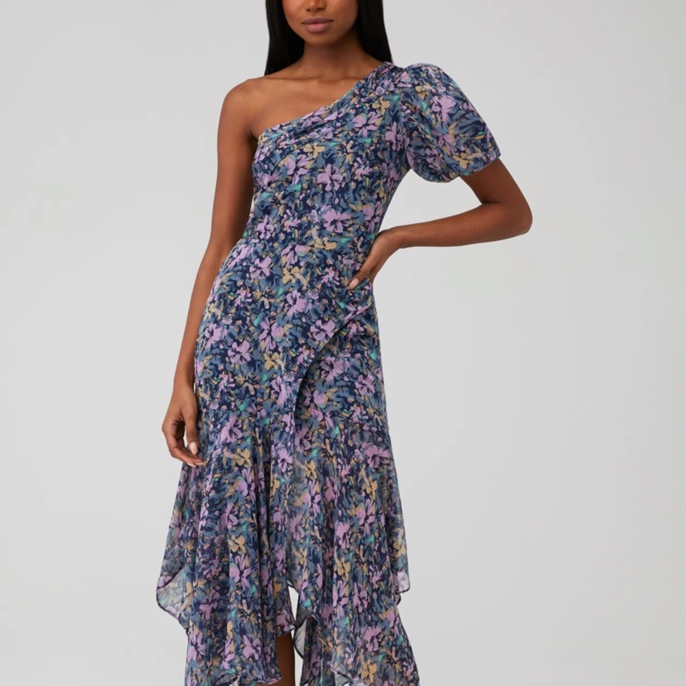 Astr The Label Santorini One-Shoulder Asymmetrical Floral Midi Dress. Size Small